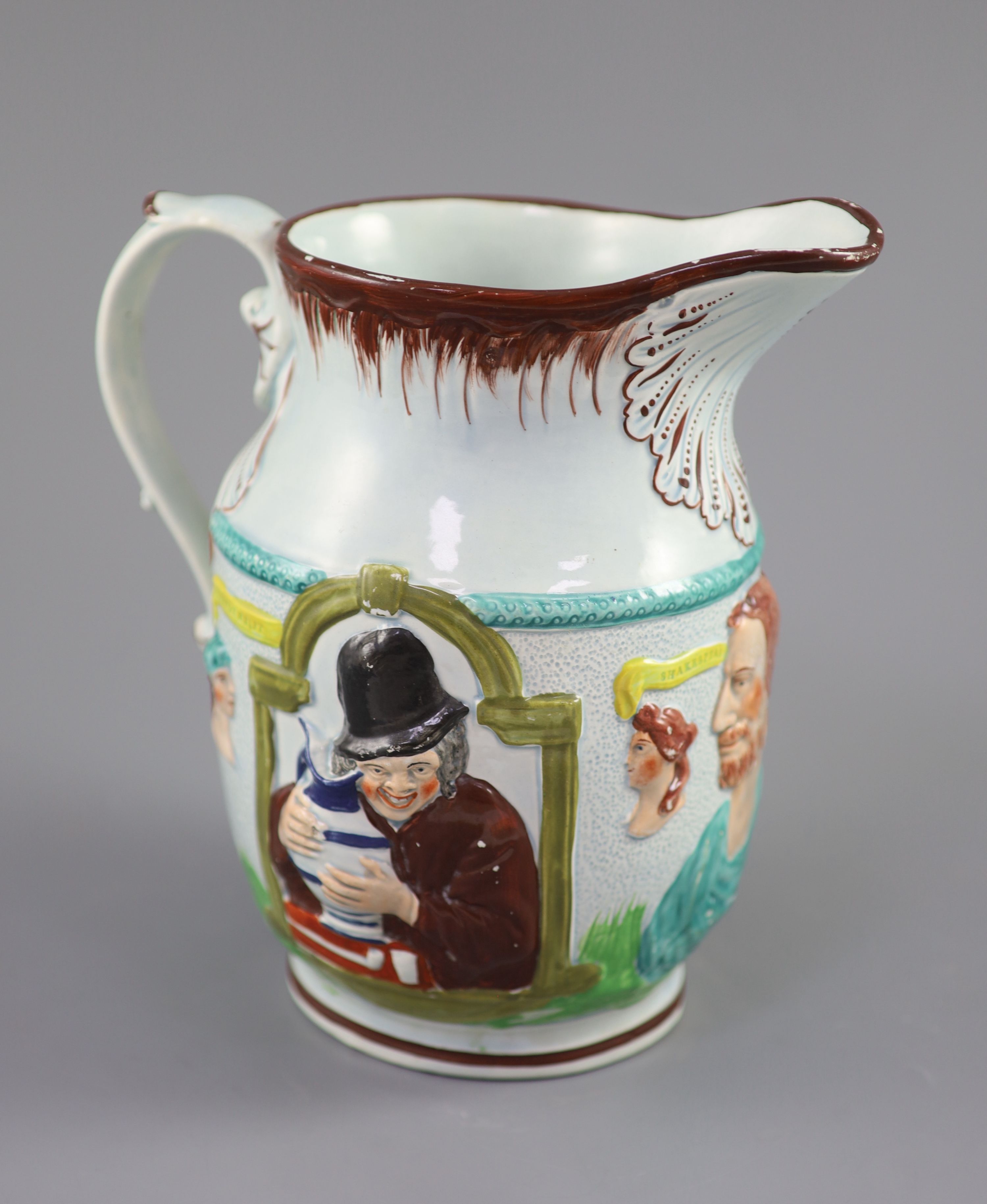 A Staffordshire pearlware Shakespear The Poet The Miser and Spendthrift jug, c.1800, 23cm high